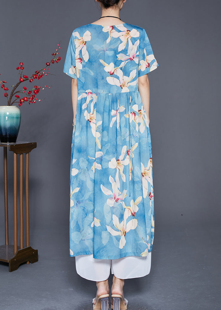 Women Blue Print Exra Large Hem Linen Vacation Dresses Summer