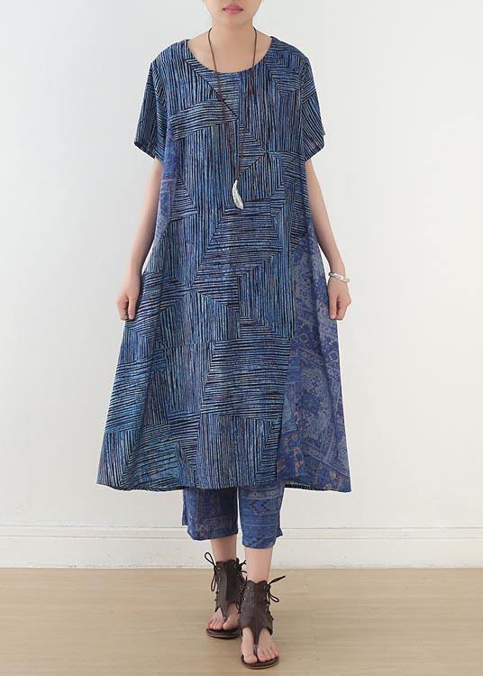 Women Blue Print Linen Dress Short Sleeve Summer Two Piece Set Women Clothing - SooLinen