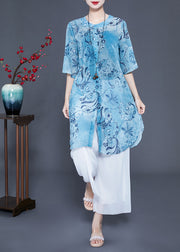 Women Blue Print Oversized Side Open Long Shirts And Pants Two-Piece Set Summer