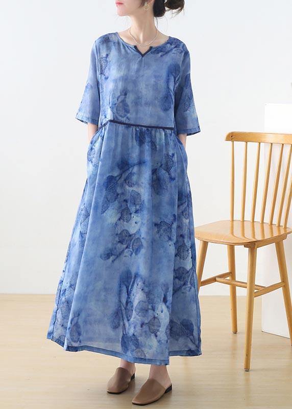 Women Blue Print Pockets Holiday Summer Linen Dress - SooLinen