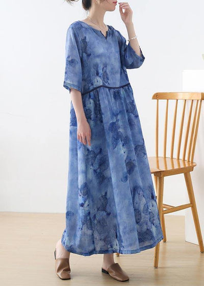 Women Blue Print Pockets Holiday Summer Linen Dress - SooLinen