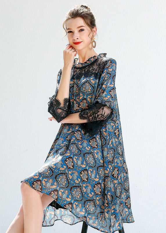 Women Blue Print Ruffled Lace Patchwork Hollow Out Chiffon Dresses Summer
