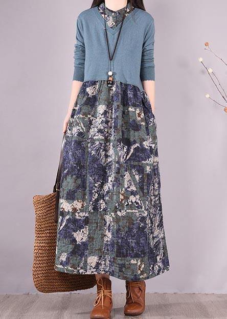 Women Blue Print Wardrobes Patchwork Robes Spring Dresses - SooLinen