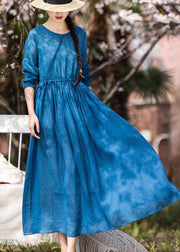 Women Blue Ruffled Pockets Party Summer Linen Dress - SooLinen