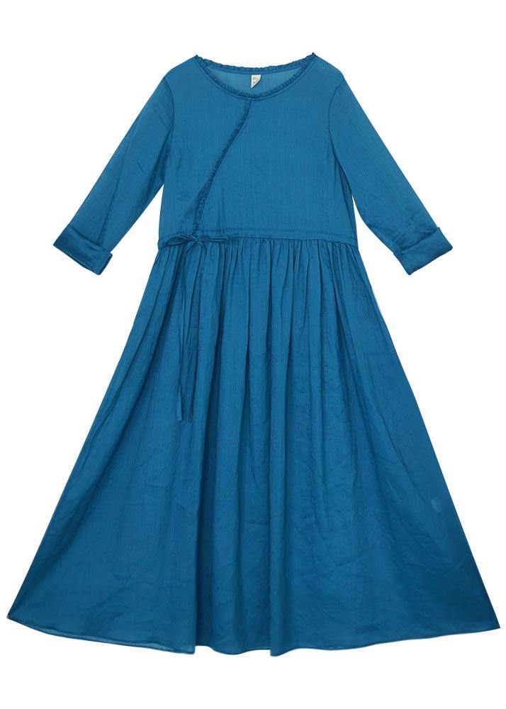 Women Blue Ruffled Pockets Party Summer Linen Dress - SooLinen