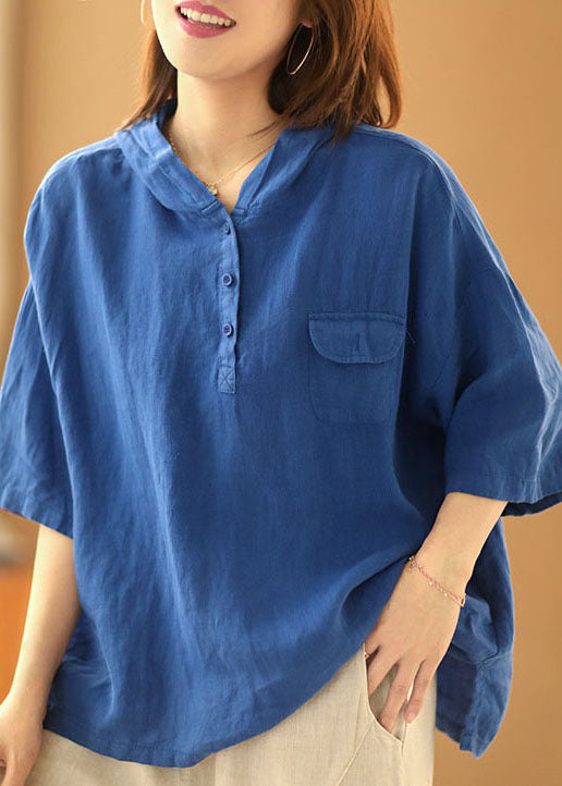 Frauen blau einfarbig mit Kapuze Taschen Leinen Pullover Top Sommer