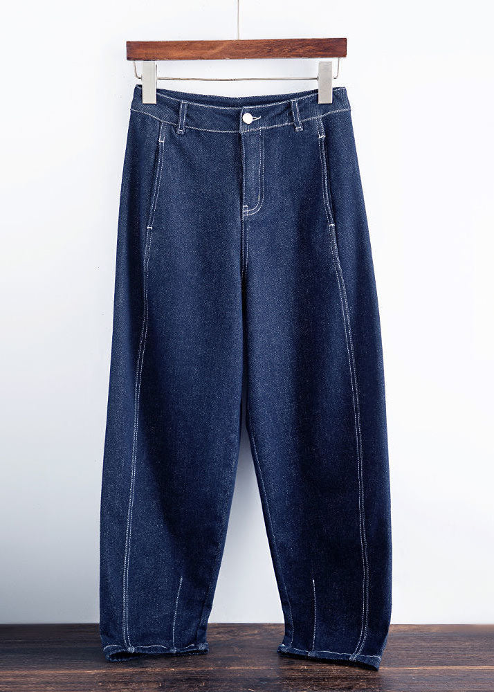 Women Blue Solid High Waist Pockets Cotton Denim Harem Pants Summer
