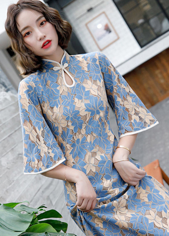 Women Blue Stand Collar Button Lace Cheongsam Dress Half Sleeve