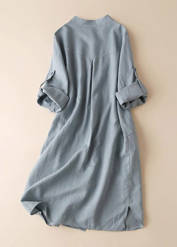 Women Blue Stand Collar Button Side Open Shirt Dresses Long Sleeve