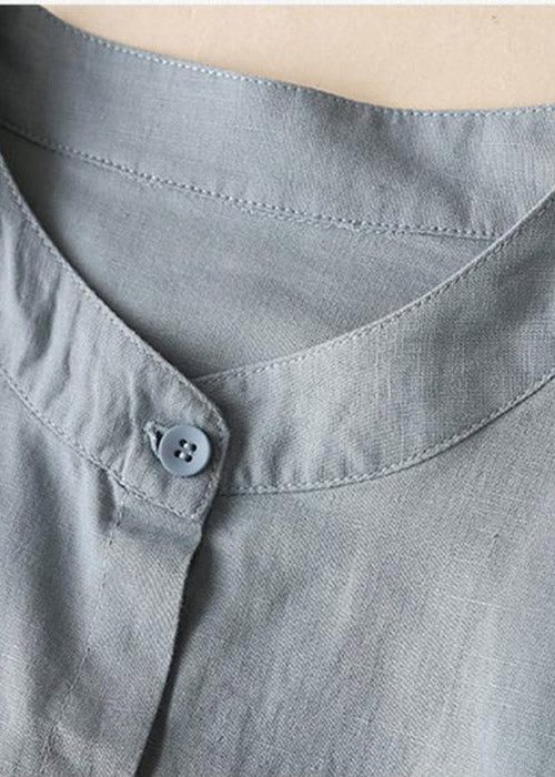 Women Blue Stand Collar Button Side Open Shirt Dresses Long Sleeve