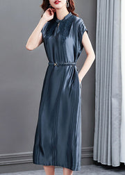 Women Blue Stand Collar Cinched Silk Long Dresses Summer
