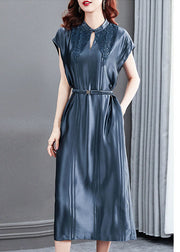 Women Blue Stand Collar Cinched Silk Long Dresses Summer