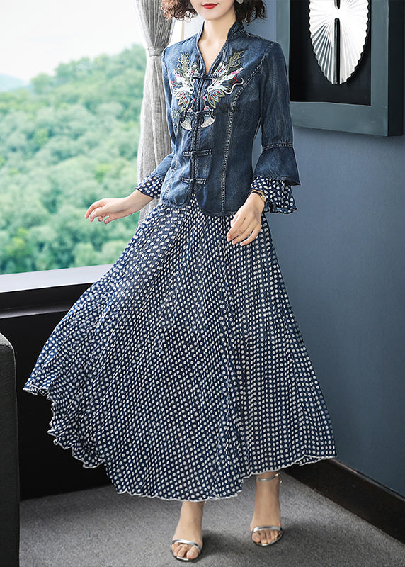 Women Blue Stand Collar Embroidered Patchwork Cotton Denim Coats Dot print Chiffon skirt Two Pieces Set flare sleeve