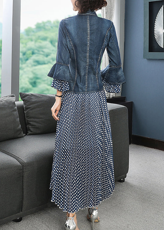 Women Blue Stand Collar Embroidered Patchwork Cotton Denim Coats Dot print Chiffon skirt Two Pieces Set flare sleeve