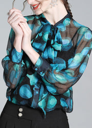 Women Blue Stand Collar Print Bow Silk Shirt Long Sleeve