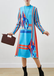 Women Blue Stand Collar Print Knit A Line Dress Spring