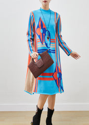 Women Blue Stand Collar Print Knit A Line Dress Spring