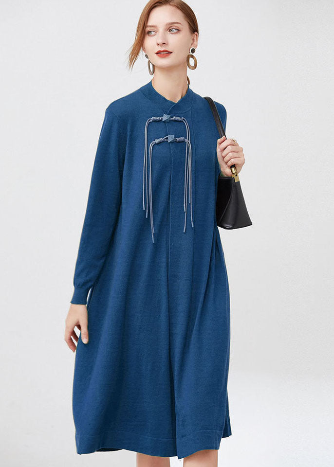 Women Blue Stand Collar Wool Knit Long Dresses Long Sleeve