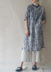 Women Blue Stand Collar side open print Patchwork Linen Dresses Three Quarter sleeve