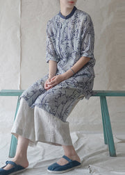 Women Blue Stand Collar side open print Patchwork Linen Dresses Three Quarter sleeve