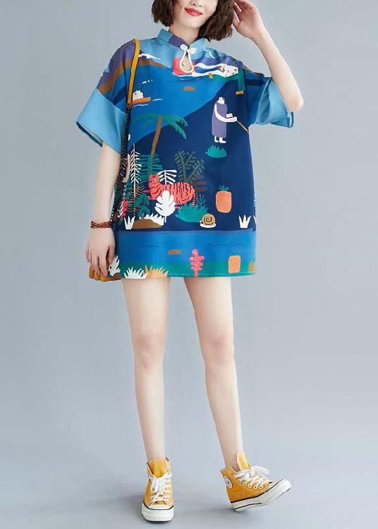 Women Blue Stand Print Shift Dresses Summer - SooLinen