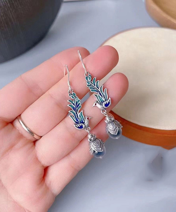 Women Blue Sterling Silver Cloisonne Enamel Phoenix Drop Earrings