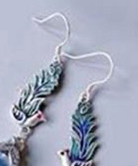 Women Blue Sterling Silver Cloisonne Enamel Phoenix Drop Earrings
