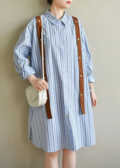 Women Blue Striped Cotton Button Spring Dresses - SooLinen