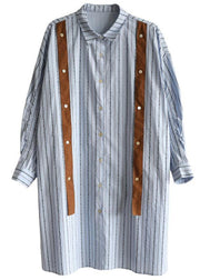 Women Blue Striped Cotton Button Spring Dresses - SooLinen