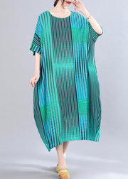 Women Blue Striped O-Neck Short Sleeve Holiday Summer Cotton Dress - SooLinen
