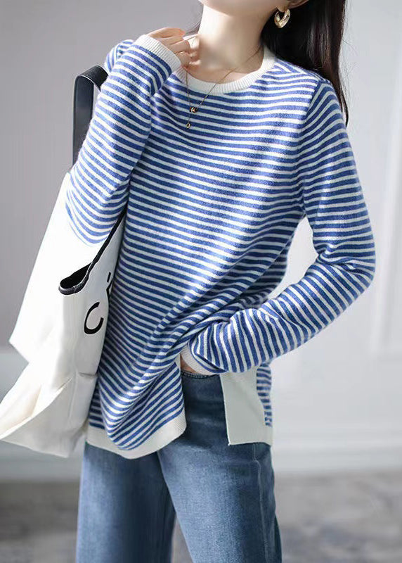 Women Blue Striped Side Open  Knitting Cotton Tops Fall