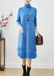 Women Blue Tasseled Patchwork Knit Long Dress Fall