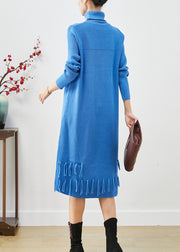 Women Blue Tasseled Patchwork Knit Long Dress Fall