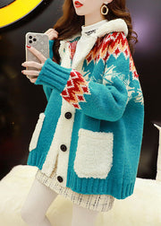 Women Blue Thick cozy Button Patchwork Fall Knit Coat