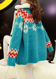 Women Blue Thick cozy Button Patchwork Fall Knit Coat
