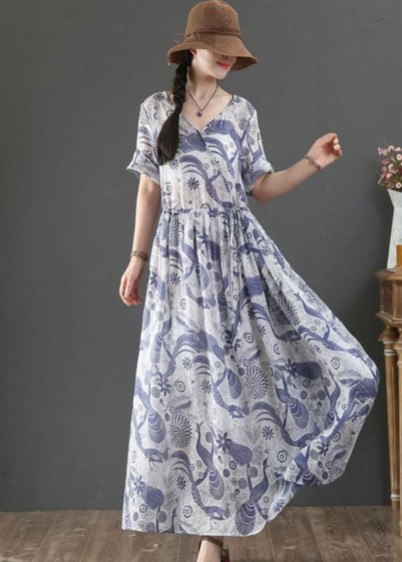 Women Blue Tie Waist V Neck Print Linen Maxi Dress Short Sleeve