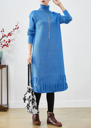 Women Blue Turtle Neck Tasseled Knitted Dress Fall