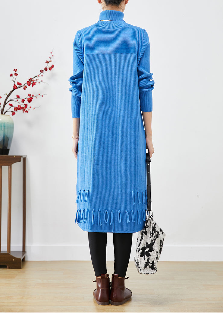 Women Blue Turtle Neck Tasseled Knitted Dress Fall