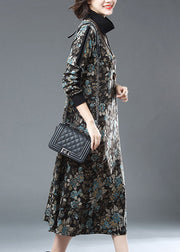 Women Blue Turtleneck Print Patchwork Warm Fleece Long Dresses Fall