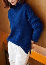 Women Blue Turtleneck Side Open Cotton Knit Sweaters Long Sleeve
