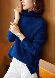 Women Blue Turtleneck Side Open Cotton Knit Sweaters Long Sleeve