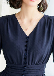 Women Blue V Neck Dot Button Chiffon Cinch Shirts Long Sleeve