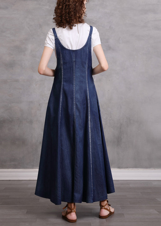 Frauen blau V-Ausschnitt bestickt Spaghettiträger Baumwolle langes Kleid ärmellos