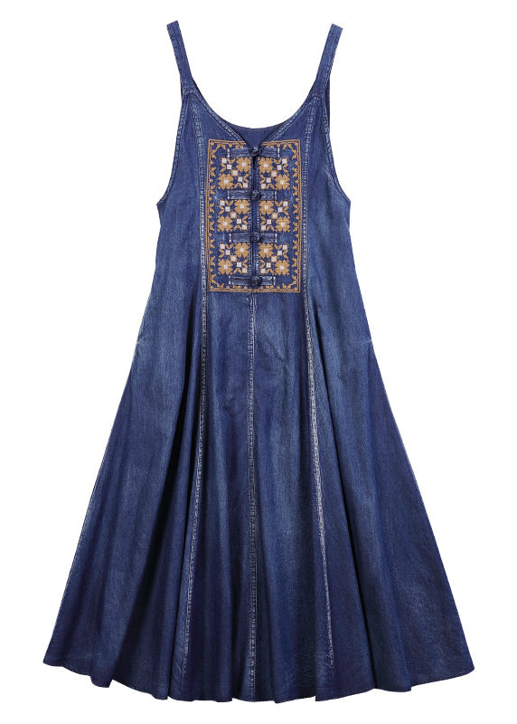 Frauen blau V-Ausschnitt bestickt Spaghettiträger Baumwolle langes Kleid ärmellos