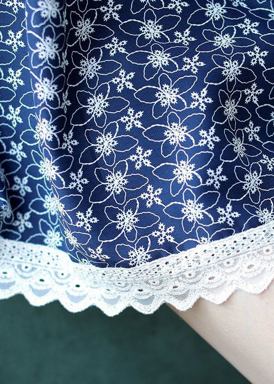 Women Blue V Neck Lace Patchwork Print Chiffon Top Half Sleeve
