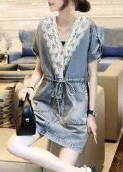 Women Blue V Neck Lace Patchwork Tie Waist Holiday Mid Dress Short Sleeve