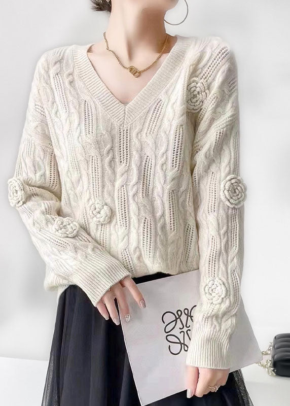 Women Blue V Neck Oversized Floral Cable Knit Sweater Winter