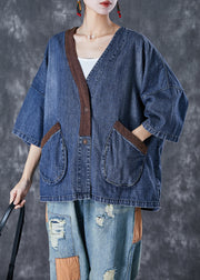 Women Blue V Neck Patchwork Pockets Denim Coats Summer