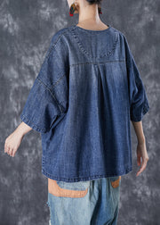 Women Blue V Neck Patchwork Pockets Denim Coats Summer