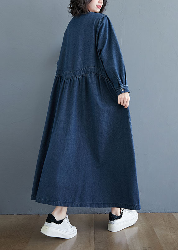 Women Blue V-Neck Pockets Wrinkled Patchwork Denim Dress Fall